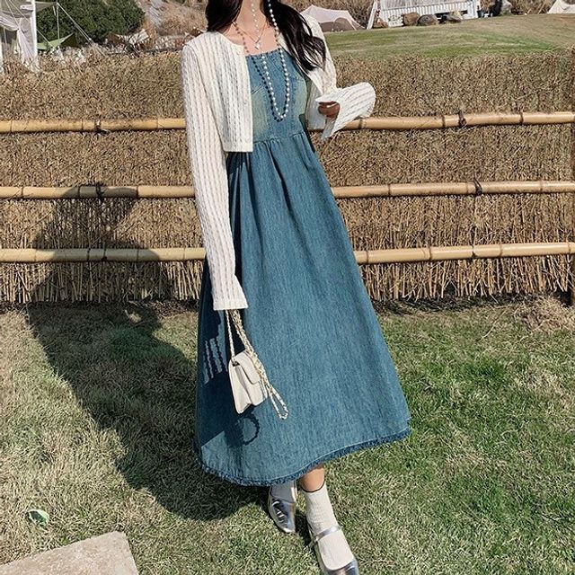 Secolo - Set: Spaghetti Strap Denim Midi A-Line Dress + Cardigan | YesStyle