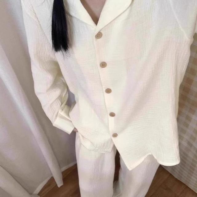 GOUB-Pajama Set Long-Sleeve Button-Up Plain Top Pants