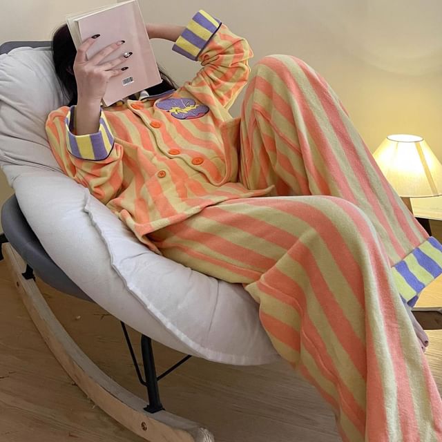 GOUB-Pajama Set Long-Sleeve Striped Top Pants