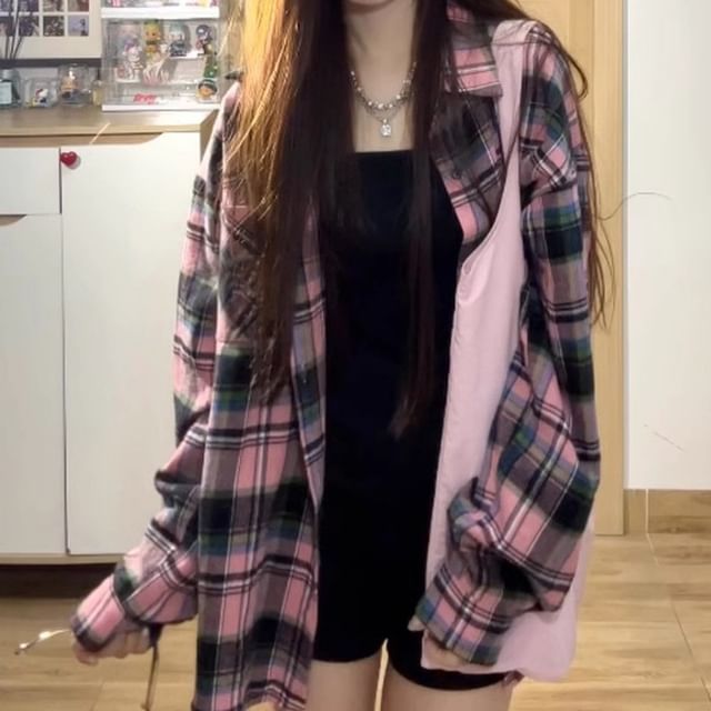 Sienne-Long-Sleeve Plaid Oversized Shirt