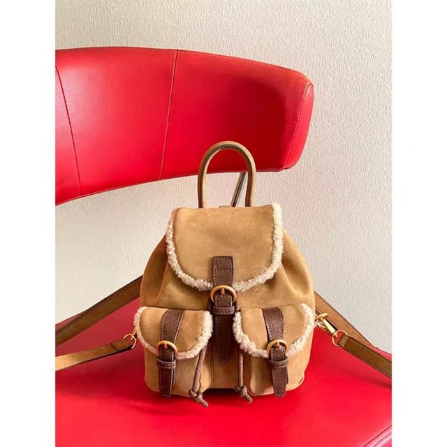 Basaran-Faux Shearling Trim Buckled Backpack