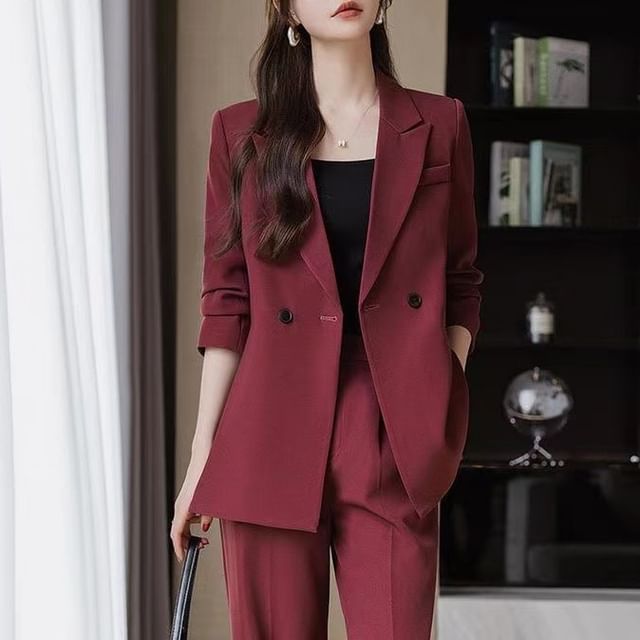 Cloud Nine-Set Lapel Collar Plain Double Breasted Blazer High Waist Plain Dress Pants