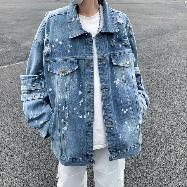 Plummie-Collared Paint Splatter Washed Button Denim Jacket