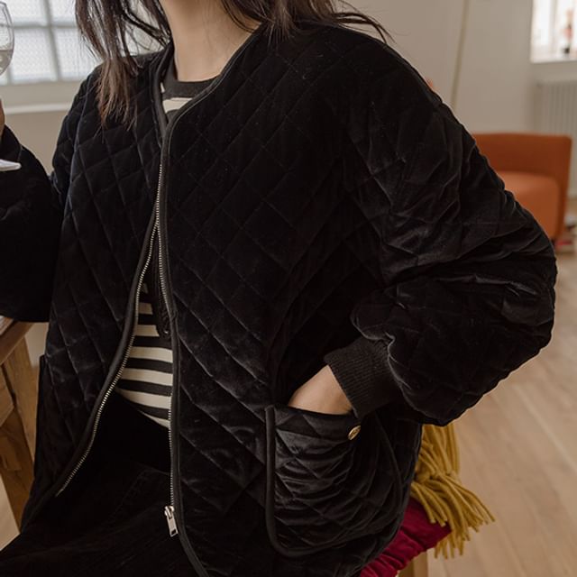 JUSTONE ZipUp Quilt Velvet Jacket YesStyle