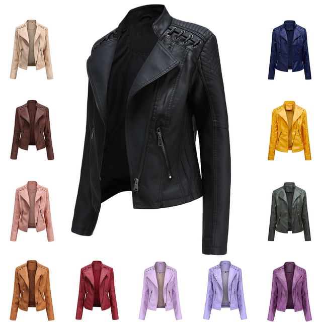 JVL-Stand Collar Plain Zip-Up Faux Leather Jacket