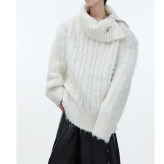 kooklay-Turtleneck Cable Knit Plain Sweater