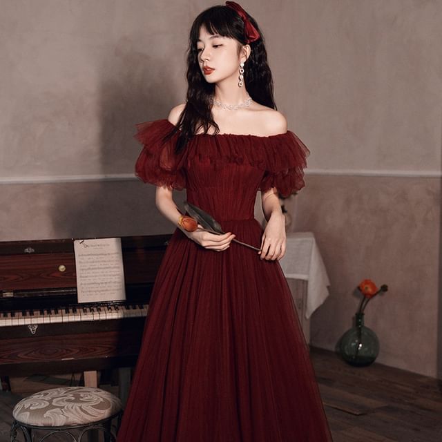 MSSBridal-Off-Shoulder Mesh A-Line Evening Gown