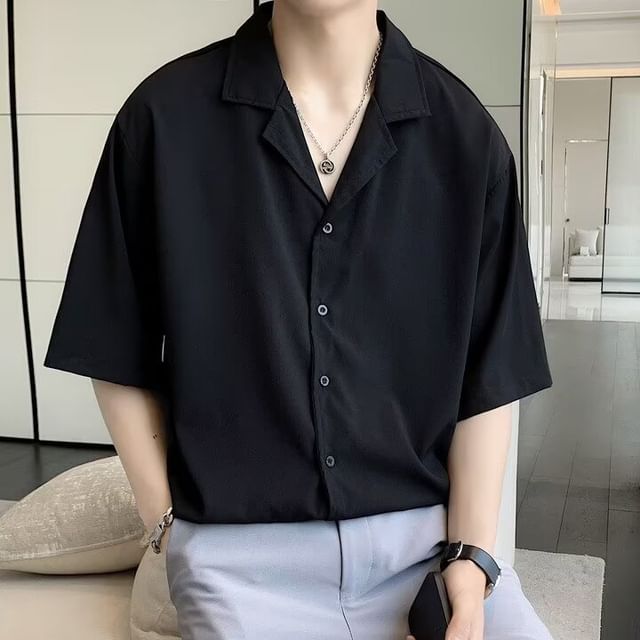GRAYCIOUS-Short Sleeve Collared Plain Shirt