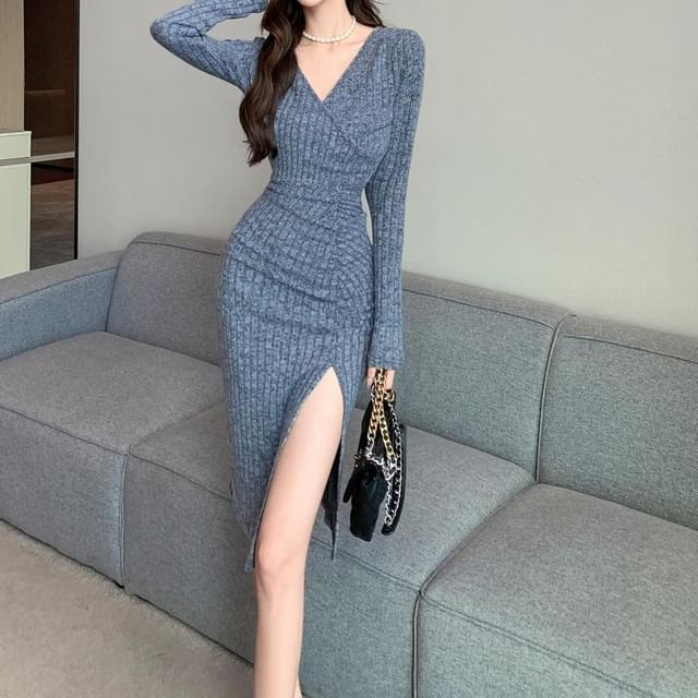 strapless open back dress The Ribbed Wrap Midi Dress main image 0