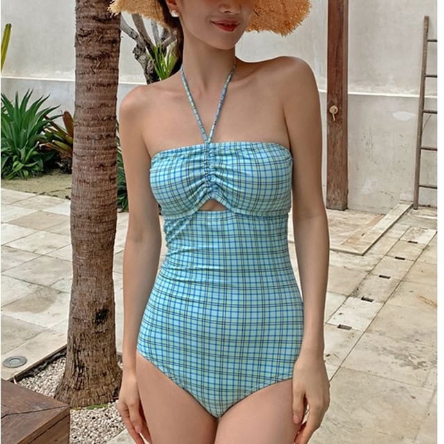 Komorkowe-Halter Neck Plaid Swimsuit