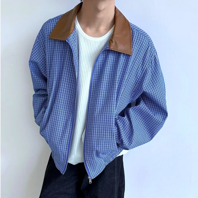 Urtishia-Contrast Collar Plaid Zip-Up Jacket