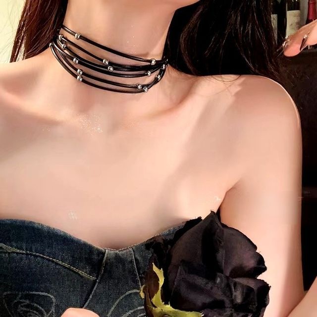 nittea Beaded Faux Leather Multi-Strand Choker YesStyle
