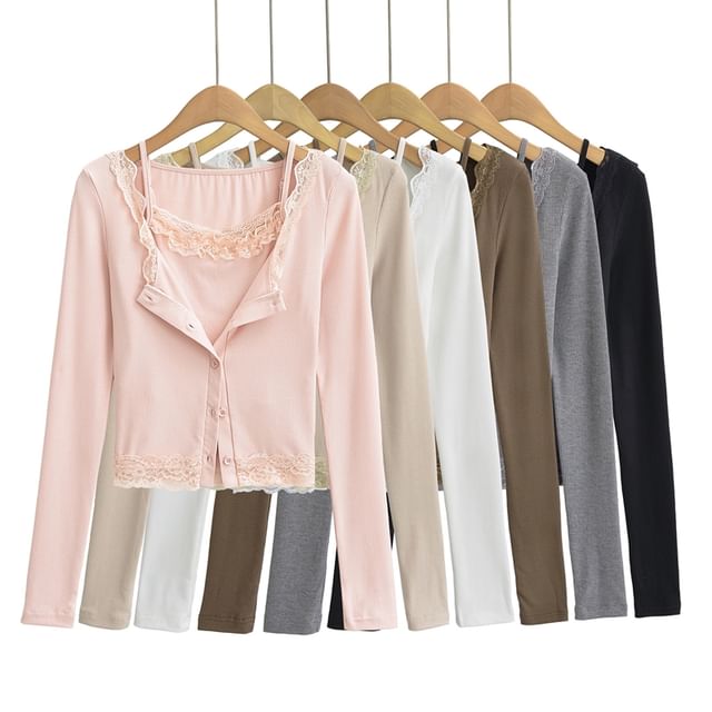 Ulark-Set Lace Trim Cami Top Crop Cardigan