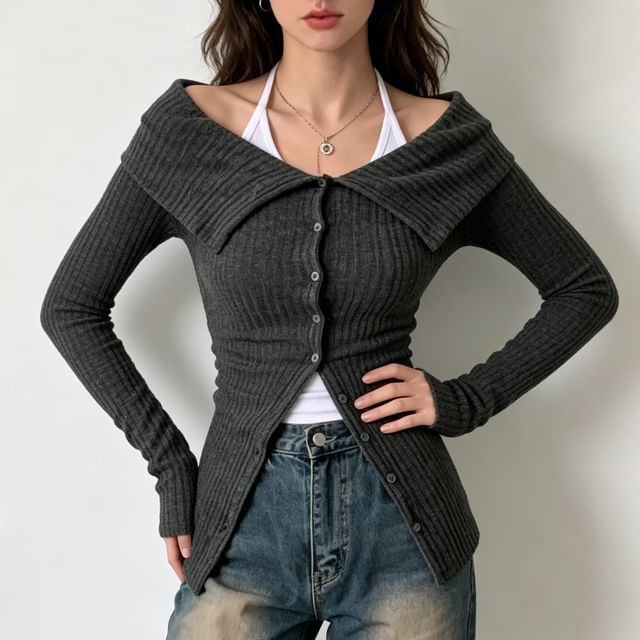 Sosana-Set Langärmlige schulterfreie einfarbige Strickjacke in schmaler Passform Neckholder-Camisole-Top