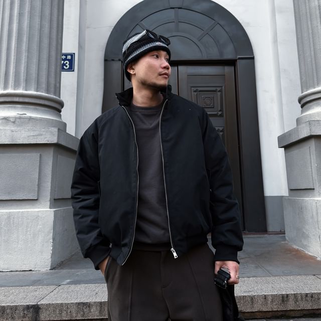 DragonRoad-Stand Collar Zip-Up Plain Jacket