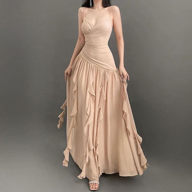 Sugarcoat-Spaghetti Strap V-Neck Plain Ruffle Ruched Maxi A-Line Wrap Dress