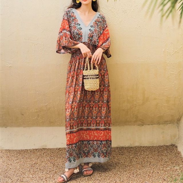 knee length dresses for ladies Tropical Paradise Print l Elbow Sleeve Maxi Dress – Brndpark main image 0