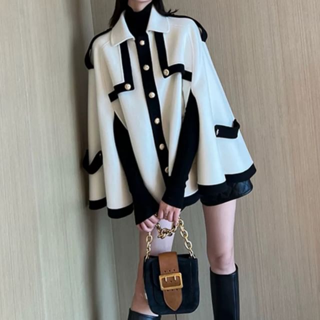 JVL-Contrast Trim Button-Up Cape Jacket