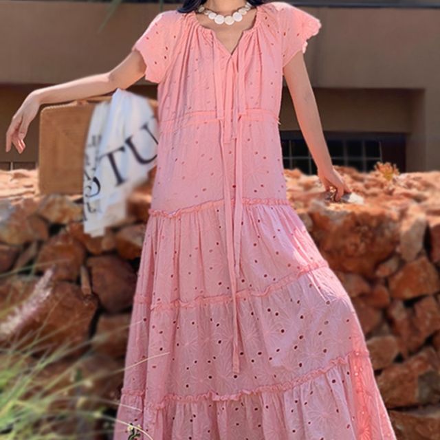 Pensacola - Short-Sleeve Notch Neck Embroidered Midi A-Line Dress | YesStyle