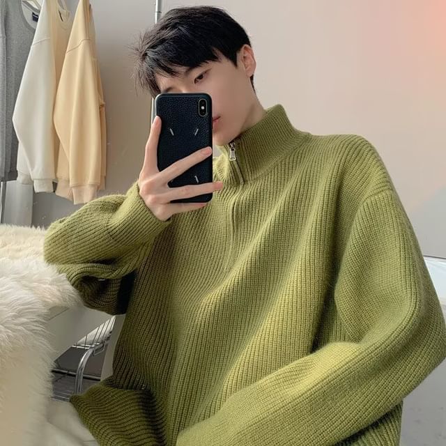 Sinlarity-Half-Zip Plain Ribbed Sweater