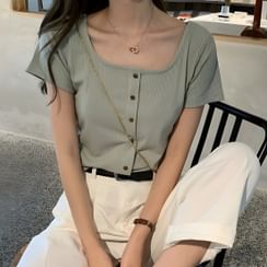 Shinsei - Square-Neck Short-Sleeve Button-Up Ribbed Top Shinsei - Square-Neck Short-Sleeve Button-Up Ribbed Top