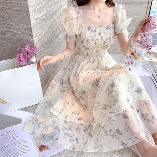 Women's Dress Floral Puff Sleeve Square Neck – Casual