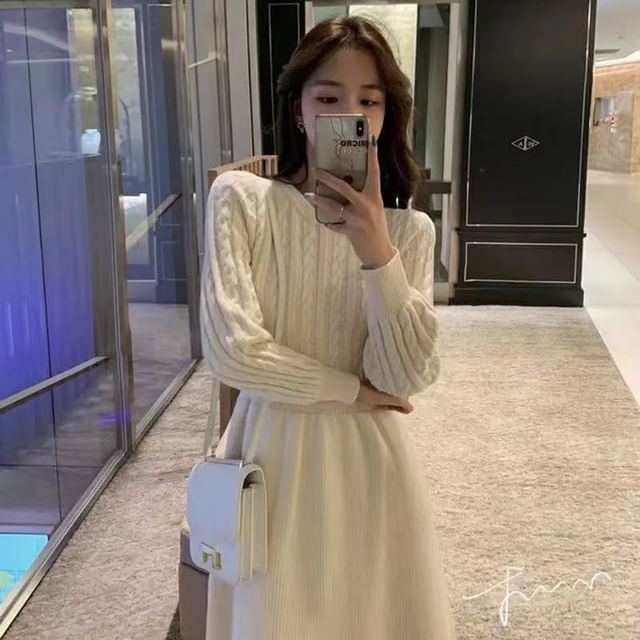 Everose-Long-Sleeve Crew Neck Plain Cable Knit Mini A-Line Dress