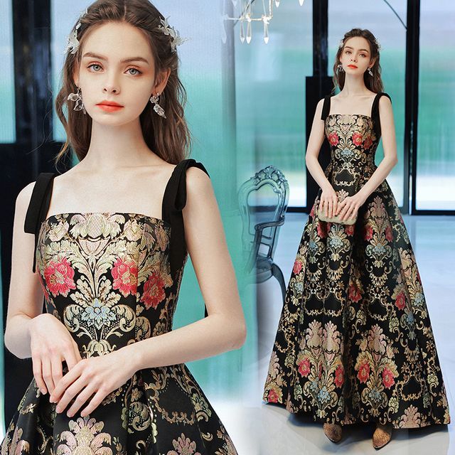 Angel Bridal - Spaghetti Strap Baroque Print Evening Gown | YesStyle