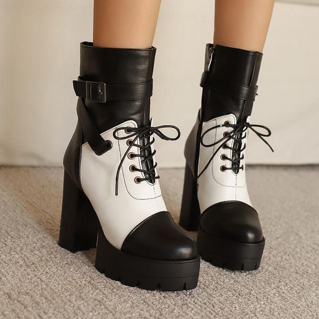 Cinnabelle-Two Tone Buckled Platform Chunky Heel Short Boots