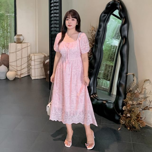 Tripoly - Plus Size Short-Sleeve Square Neck Floral Embroidered Midi A-Line  Dress
