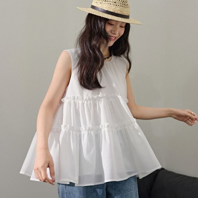 Jeonseon-Sleeveless Round Neck Plain Tiered Top
