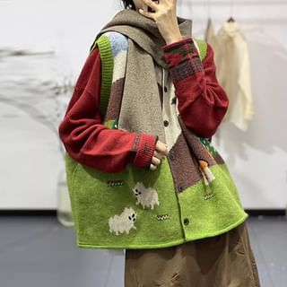 ZIMO Crew Neck Mountain Print Button Sweater Vest Sale