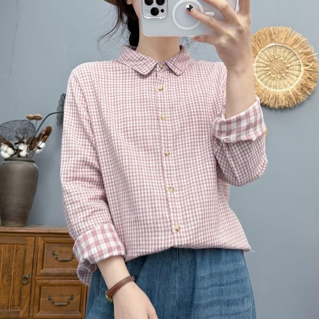 PANDAGO-Gingham Button-Up Shirt