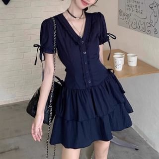 Rosesand Short Sleeve V-Neck Plain Lace-Trim Bow Accent Slim-Fit Layered Mini Dress Sale