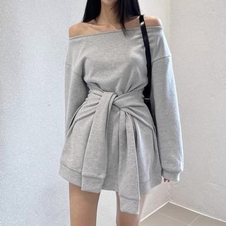 Coris - Long Sleeve Off Shoulder Plain Tie-Up Mini A-Line Sweatshirt Dress  | YesStyle