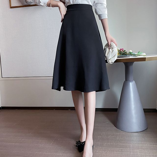 Everose-High Waist Plain A-Line Skirt