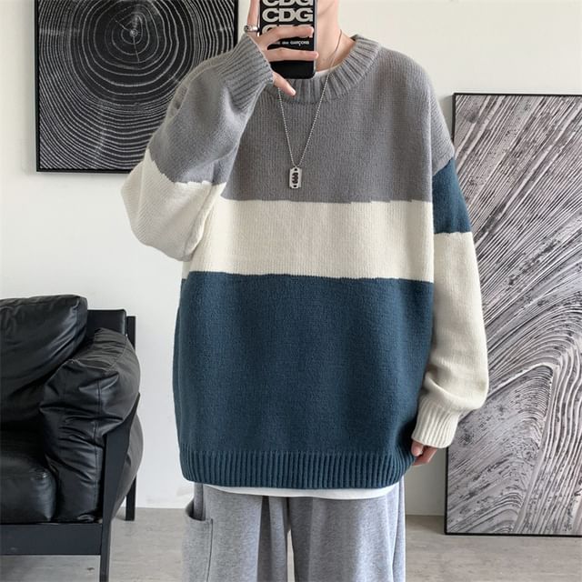 Phoneus-Crew Neck Color Block Sweater