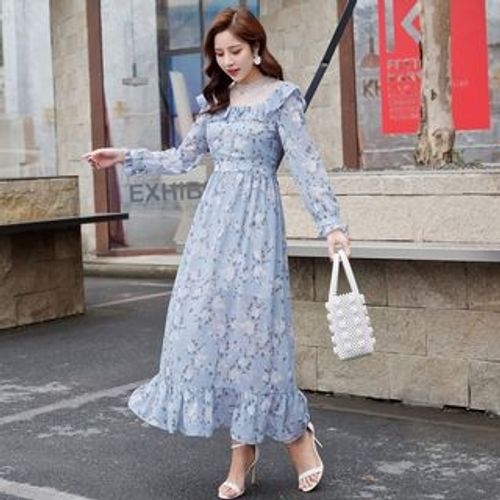 Women's Slim Fit Lace Long Dress, Long Sleeve Floral Chiffon Dress