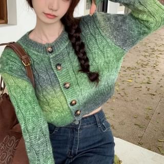 MIKIGA-Round Neck Gradient Button Crop Cardigan