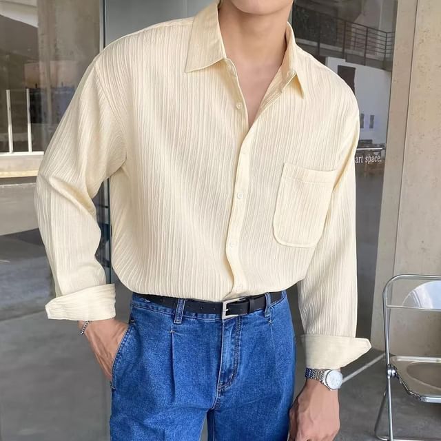Nightbell-Long-Sleeve Plain Crinkle Button-Up Shirt