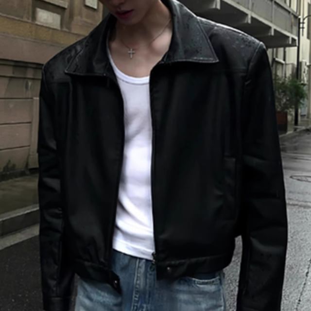 DragonRoad-Collared Plain Zip-Up Faux Leather Crop Jacket