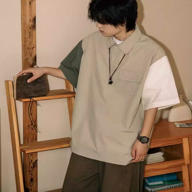 Adothuiastic-Short-Sleeve Color Block Polo Shirt