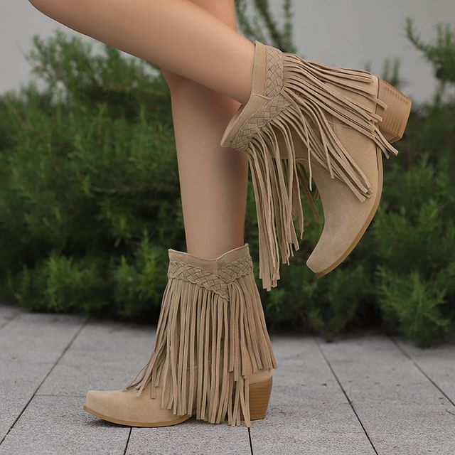 Cinnabelle-Tassel Chunky Heel Short Boots