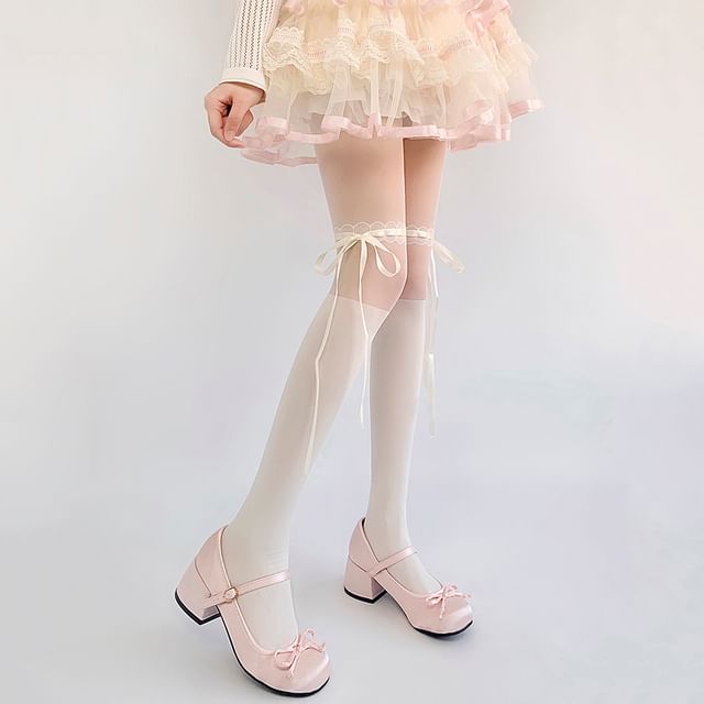 Gecko-Two Tone Lace Trim Bow Sheer Tights