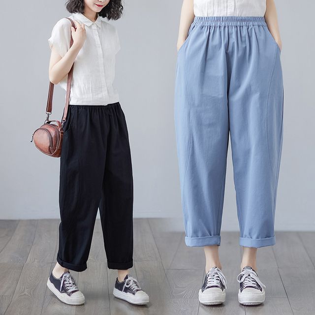 Lewwe-Elastic Waist Plain Cropped Baggy Pants