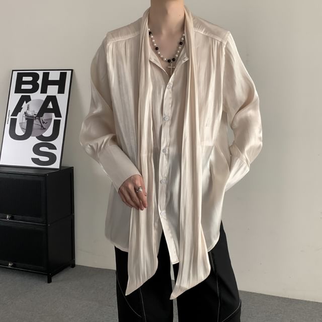 Patow-Long-Sleeve Tie-Neck Plain Shirt