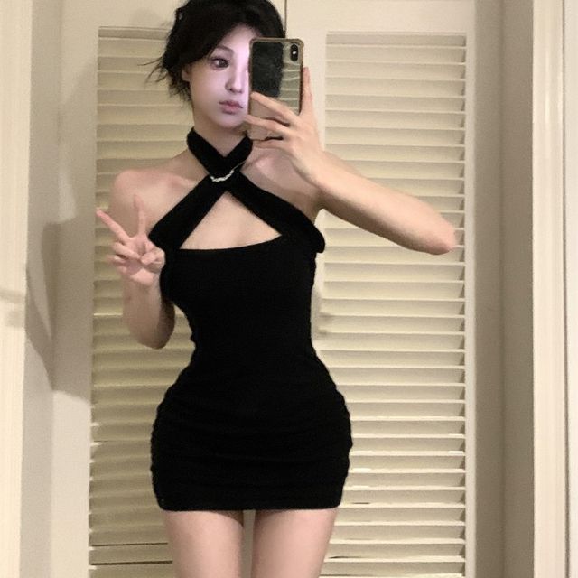 westworlds - Halter-Neck Pain Cutout Shirred Mini Bodycon Dress | YesStyle