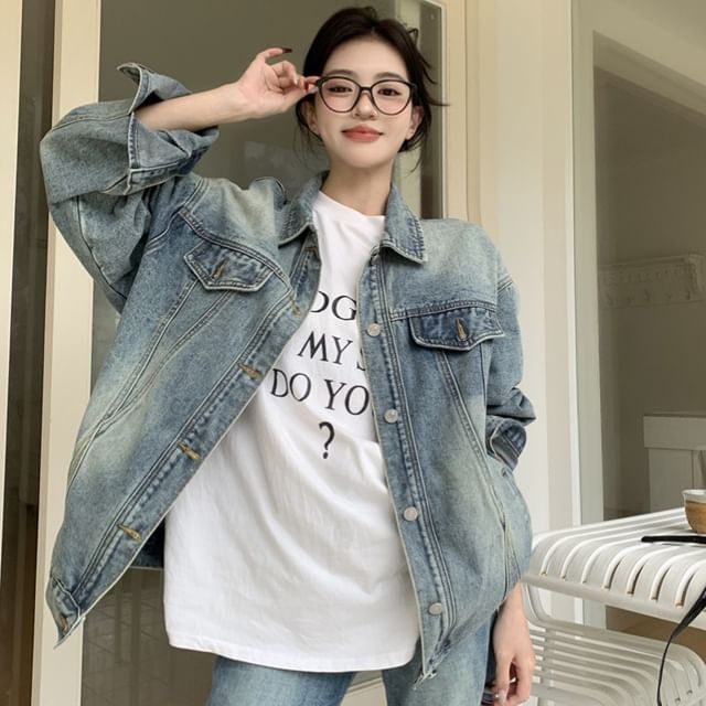 Duwnie-Collared Washed Button Denim Jacket