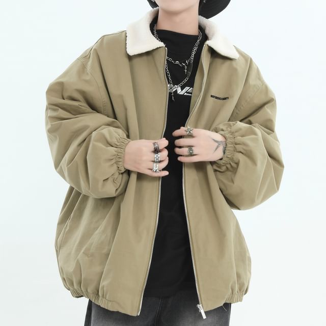 INStudio-Couple Matching Fleece Collared Lettering Zip Jacket