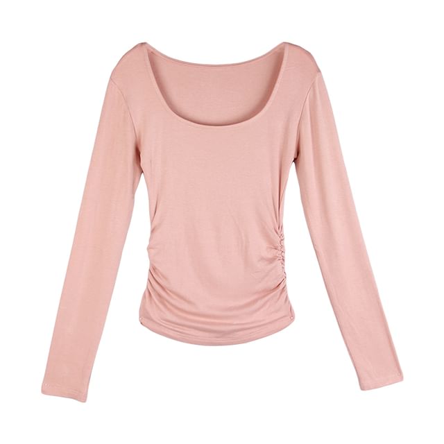 Brigitte - Long-Sleeve Scoop Neck Plain Ribbed Slim-Fit Knit Top, YesStyle